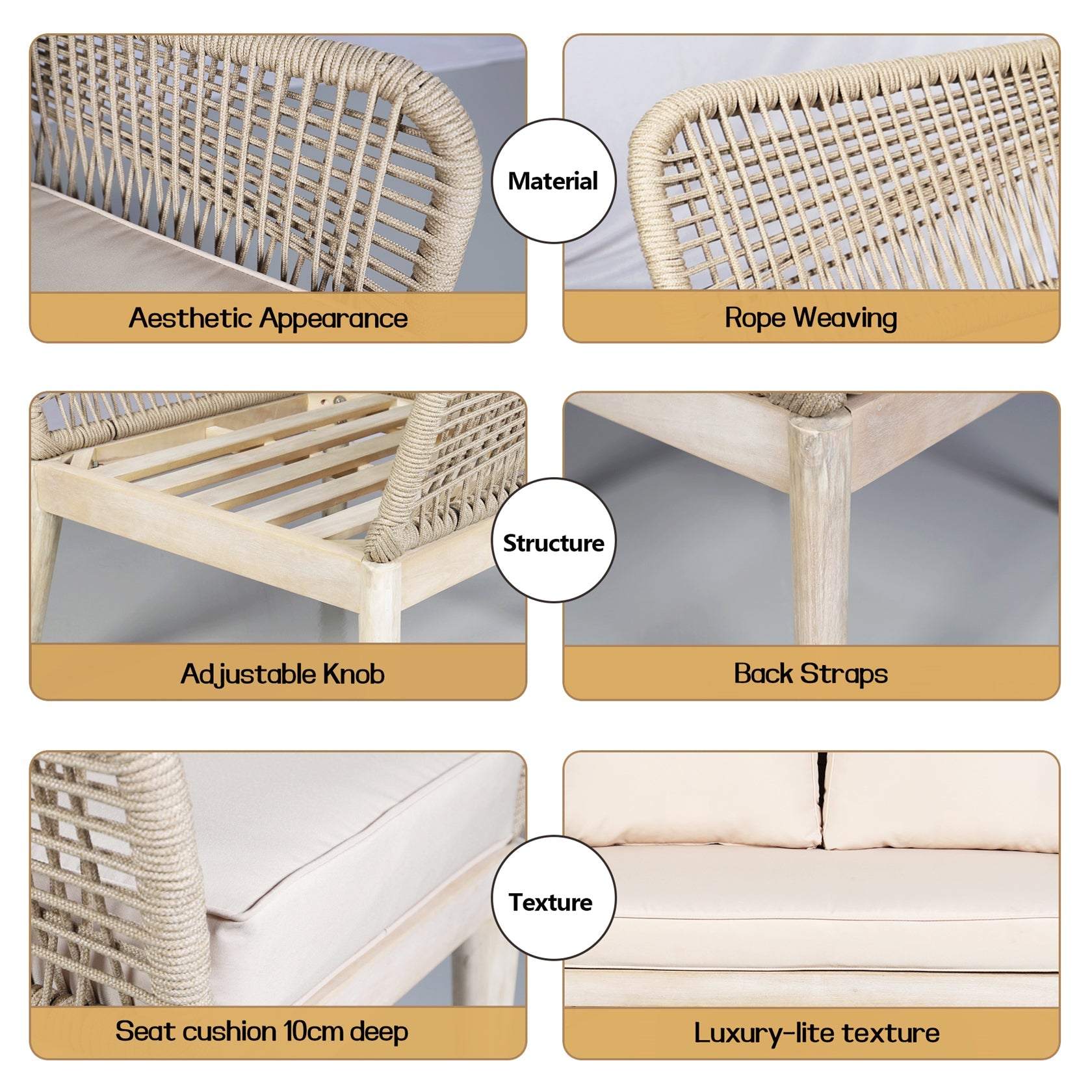 Solid Wood Bench & Chair Sets – Outdoor Seating Set with Rope Design (PAC - 2522) - Direct Wicker