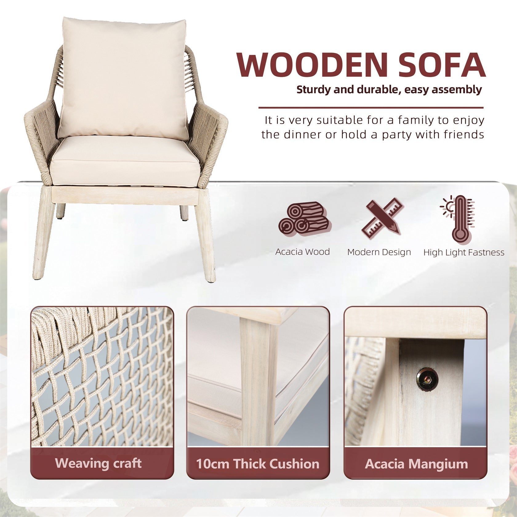 Solid Wood Bench & Chair Sets – Outdoor Seating Set with Rope Design (PAC - 2522) - Direct Wicker