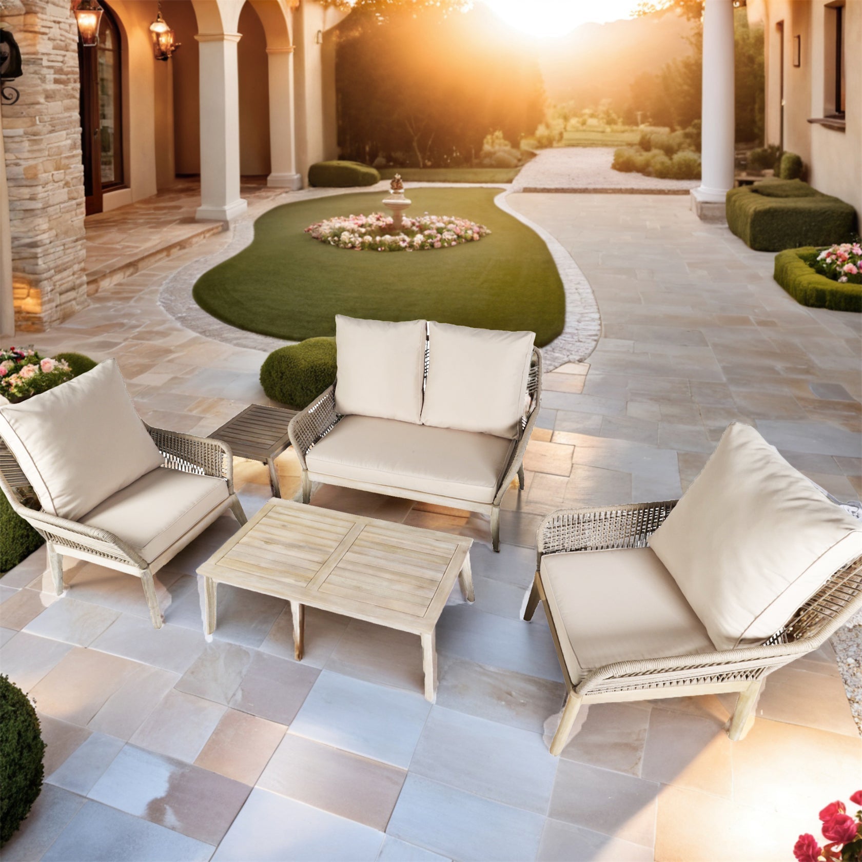 Solid Wood Bench & Chair Sets – Outdoor Seating Set with Rope Design (PAC - 2522) - Direct Wicker