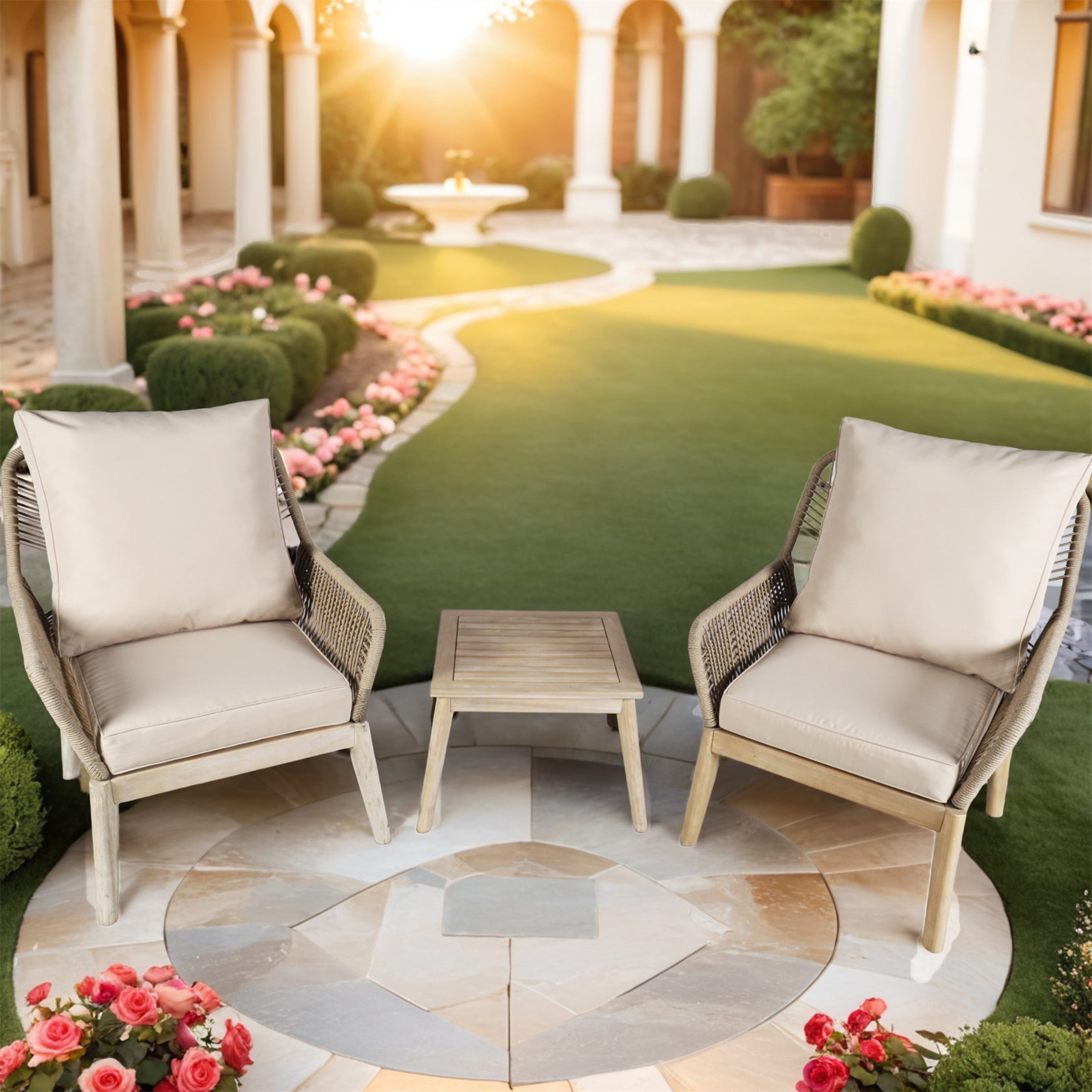 Solid Wood Bench & Chair Sets – Outdoor Seating Set with Rope Design (PAC - 2522) - Direct Wicker