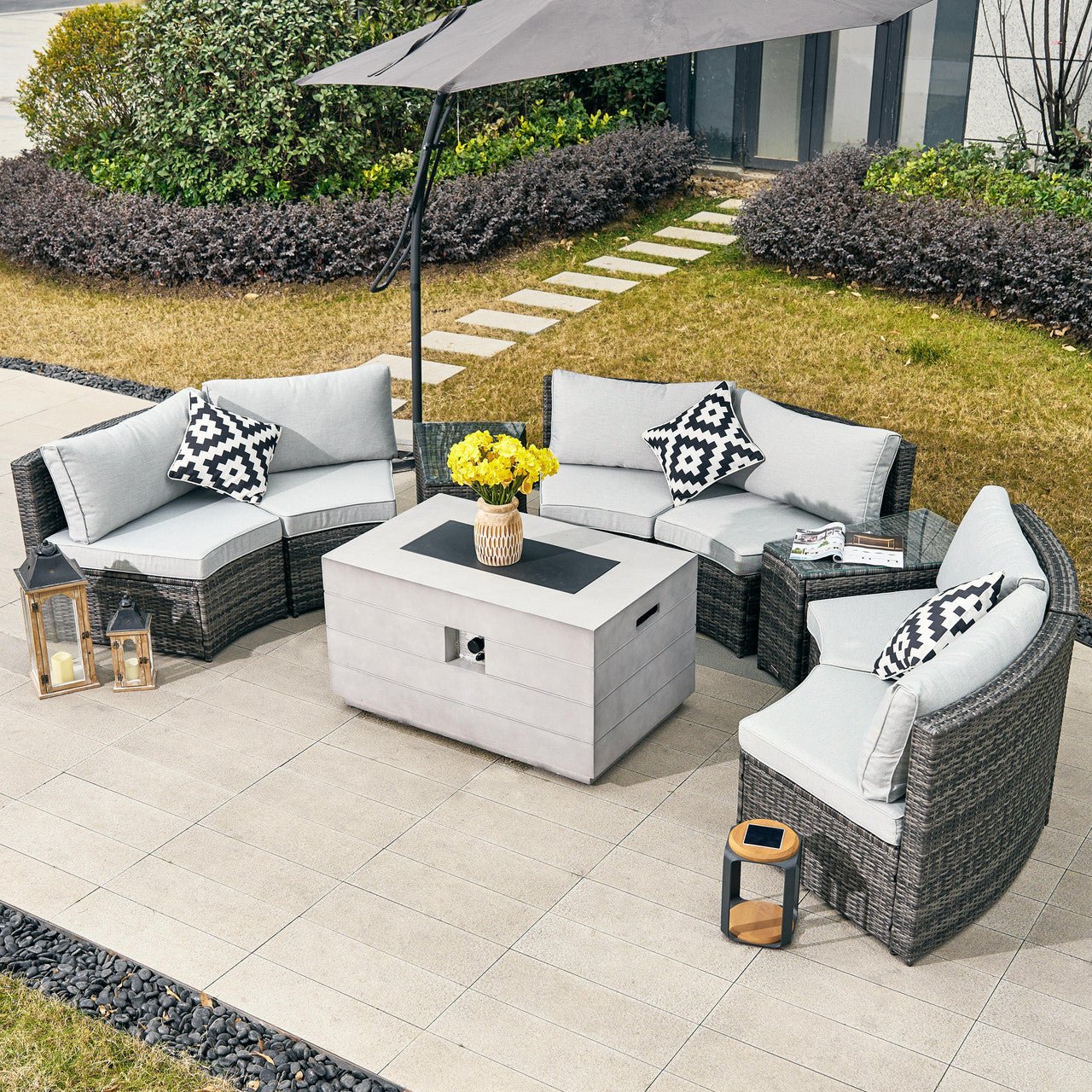 Sonoma 6 - Seater Outdoor Fire Pit Set with Rectangle Fire Pit Table (PAS - 1205B+2150) - Direct Wicker