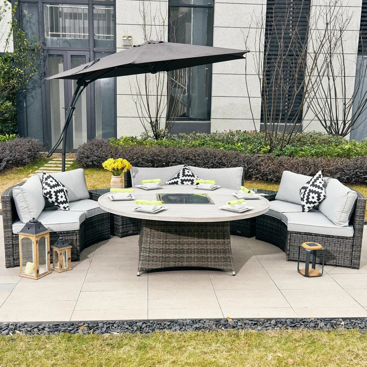 fire pit patio table with umbrella Aoxun Furniture Set 7-Piece / Pit, 7 pcs + Fire / Black-Yellow this modular sofa set thrives in sun Tropitone La Stratta 66 x