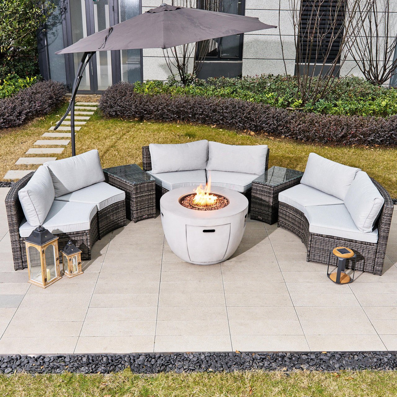 9-Piece Modular Patio PE Rattan Sofa Set with 50000BTU Terrafab Composite Fire Pit Table