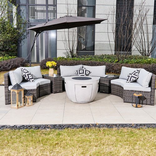 9-Piece Modular Patio PE Rattan Sofa Set with 50000BTU Terrafab Composite Fire Pit Table