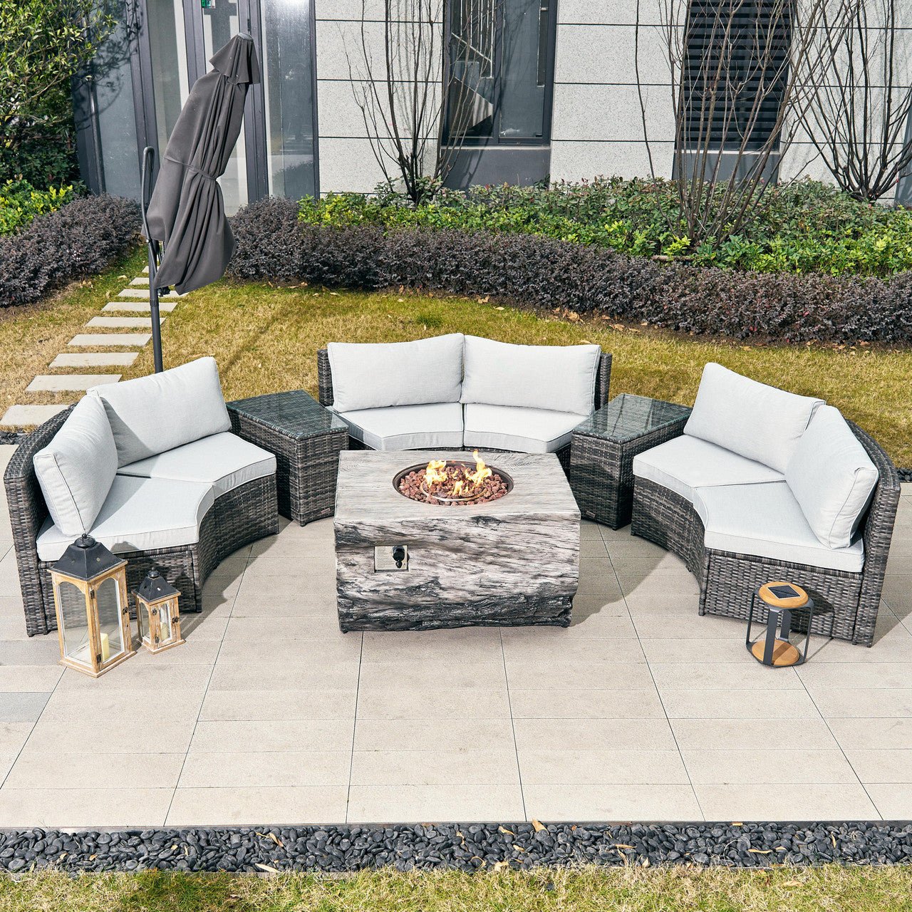 Sonoma 6 - Seater Outdoor Fire Pit Set with TerraFlame Rectangle Fire Pit Table (PAS - 1205B+2170) - Direct Wicker