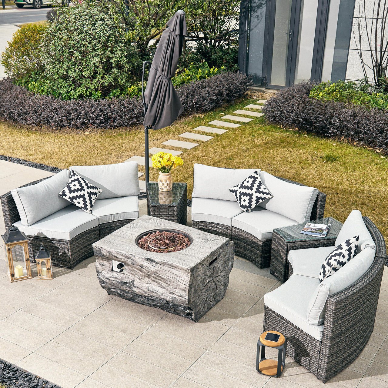 Sonoma 6 - Seater Outdoor Fire Pit Set with TerraFlame Rectangle Fire Pit Table (PAS - 1205B+2170) - Direct Wicker
