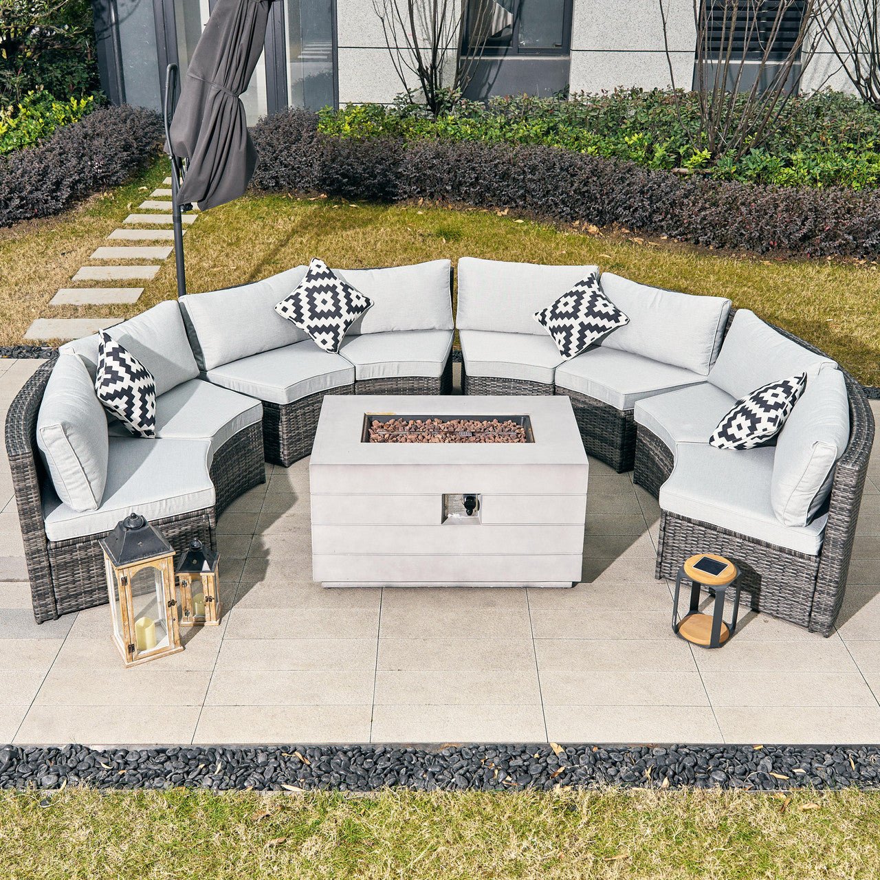 Sonoma 8 - Seater Outdoor Fire Pit Set with Rectangle Fire Pit Table (PAS - 1205B+2150) - Direct Wicker