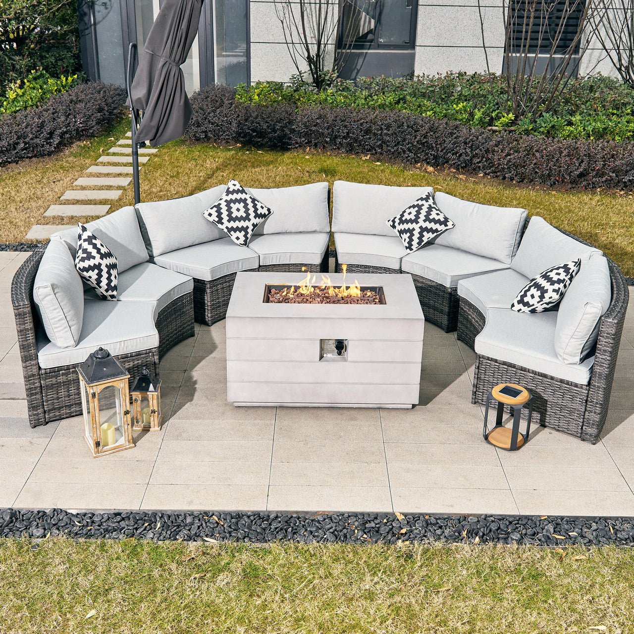 Sonoma 8 - Seater Outdoor Fire Pit Set with Rectangle Fire Pit Table (PAS - 1205B+2150) - Direct Wicker