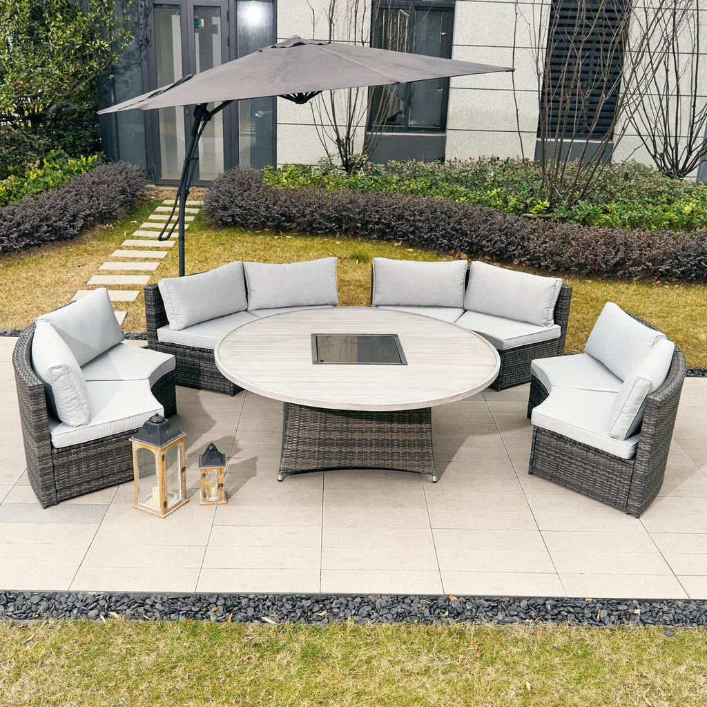 8-Seat Modular Patio PE Rattan Sofa Set with Aluminum Round Fire Pit Table
