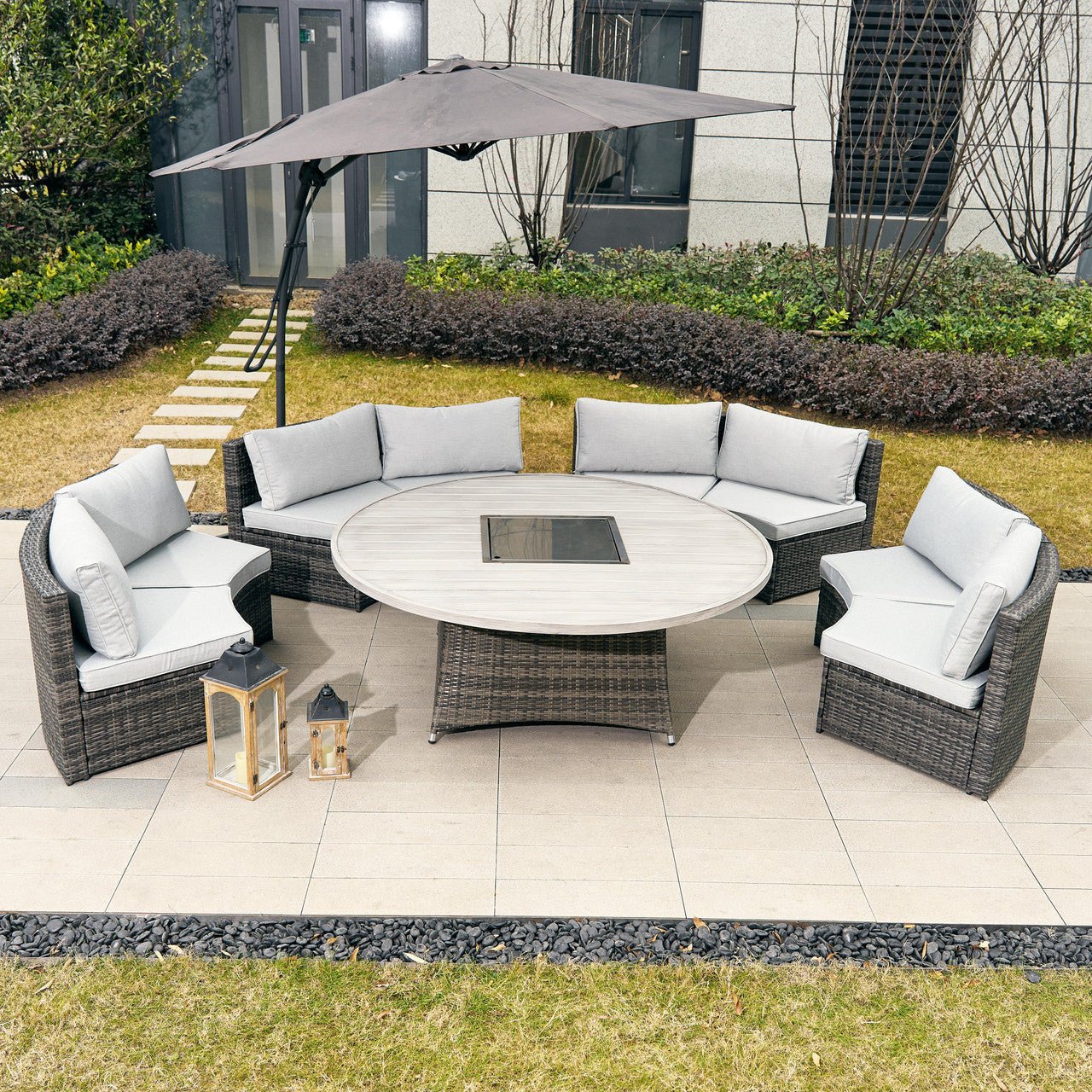 garden patio set with umbrella Stylish 8-Seat Outdoor Sofa Set with Fire Pit Table – Direct Wicker