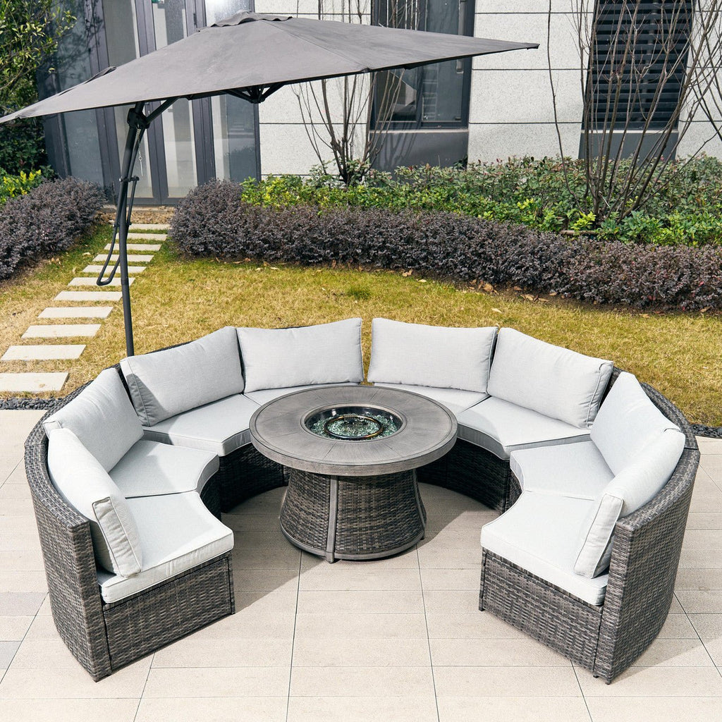 8-Seat Modular Patio PE Rattan Sofa Set with Aluminum Round Fire Pit Table