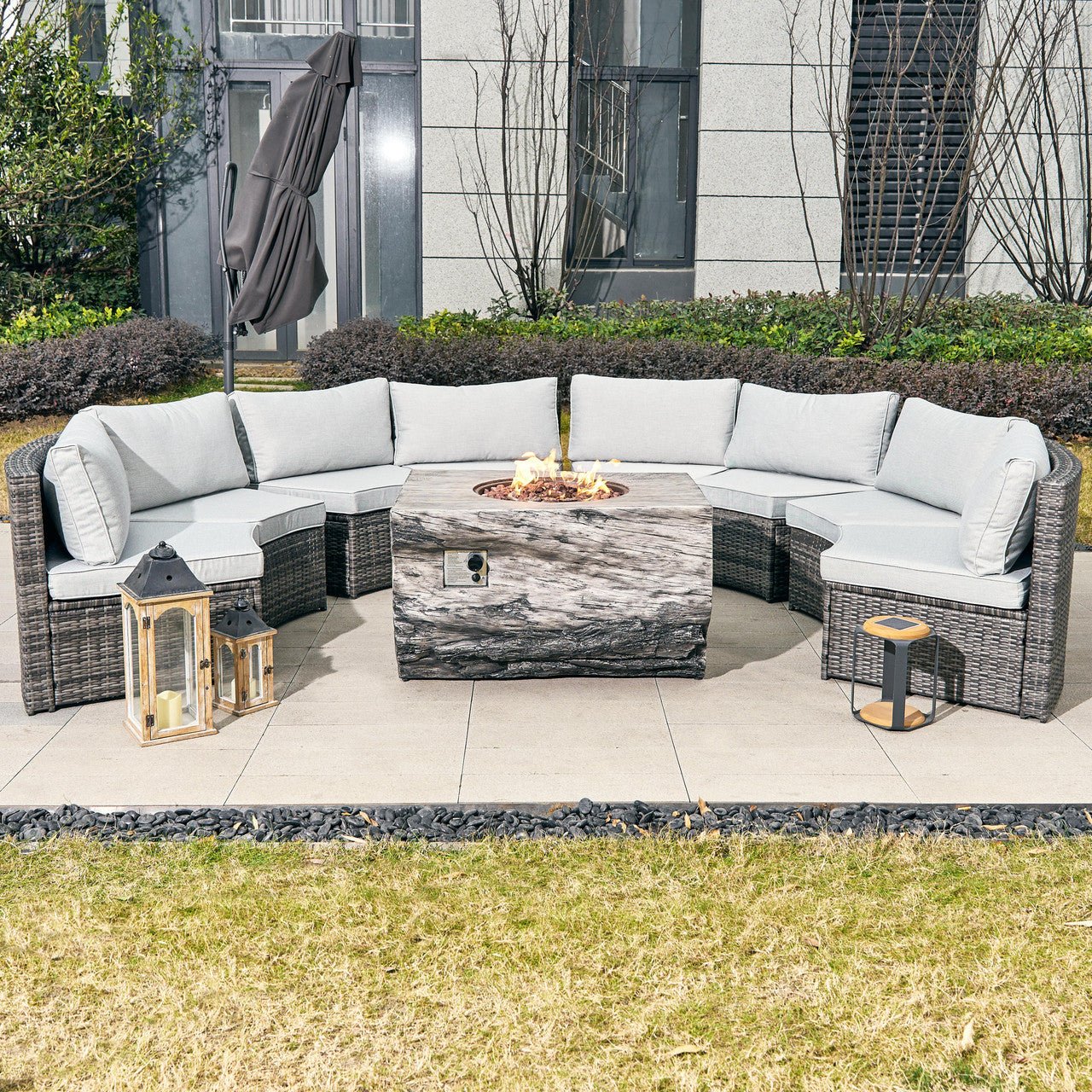 Sonoma 8 - Seater Outdoor Fire Pit Set with TerraFlame Rectangle Fire Pit Table (PAS - 1205B+2170) - Direct Wicker