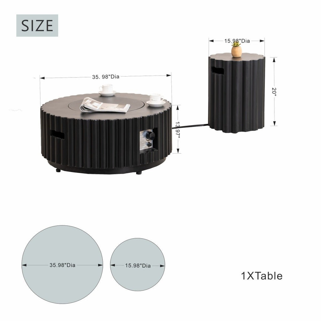 Terrafab Composite Black Fluted Round Fire Pit Coffee Table Set with Propane Tank Holder (PAG-2725) - Direct Wicker
