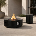 Terrafab Composite Black Fluted Round Fire Pit Coffee Table Set with Propane Tank Holder (PAG-2725) - Direct Wicker