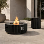 Terrafab Composite Black Fluted Round Fire Pit Coffee Table Set with Propane Tank Holder (PAG-2725) - Direct Wicker