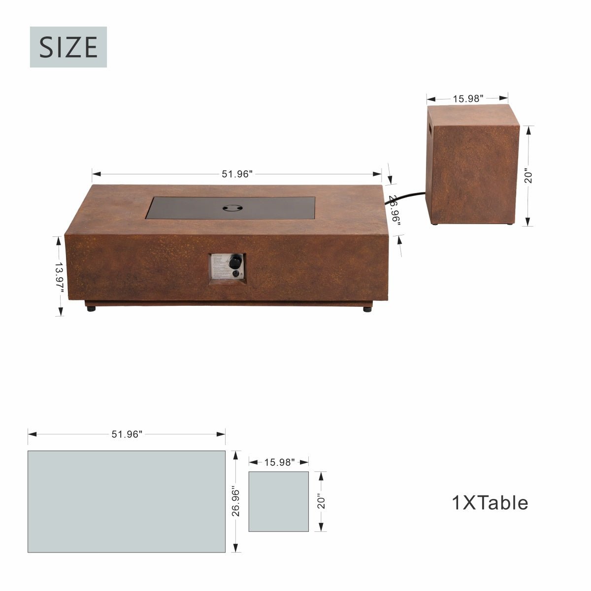 Terrafab Composite Faux Rust Rectangular Fire Pit Coffee Table Set with Propane Tank Holder (PAG-2719-RE) - Direct Wicker