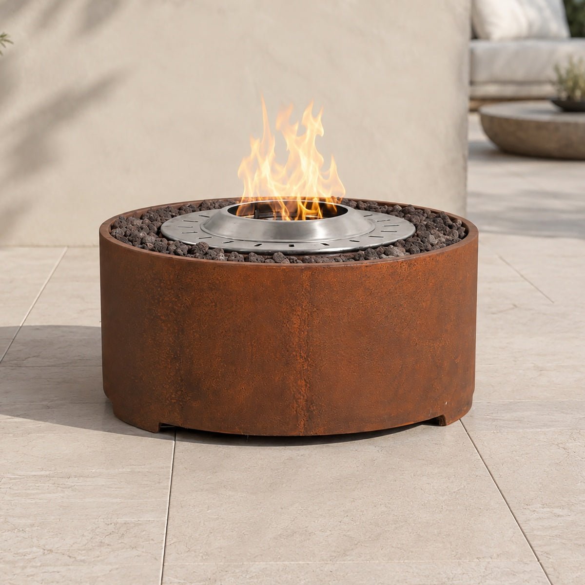 Terrafab Composite Faux Rust Round Fire Pit with Lava Rocks &amp; Rain Cover (PAP-2720-RE) - Direct Wicker