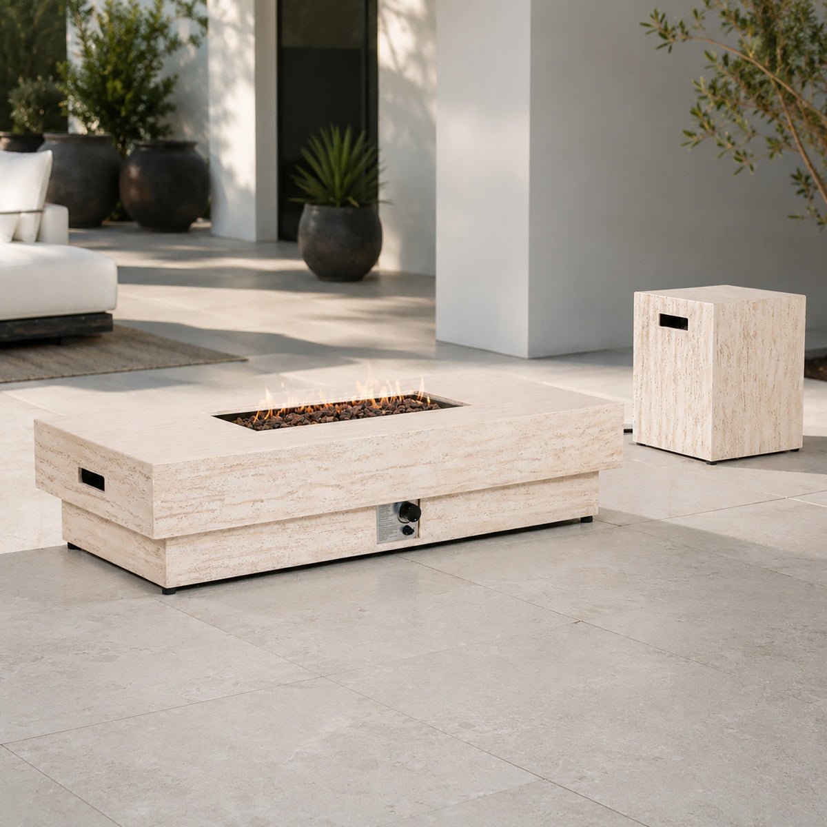 Terrafab Composite Faux Travertine Fire Pit Coffee Table Set with Propane Tank Holder (PAG-2721-YE) - Direct Wicker