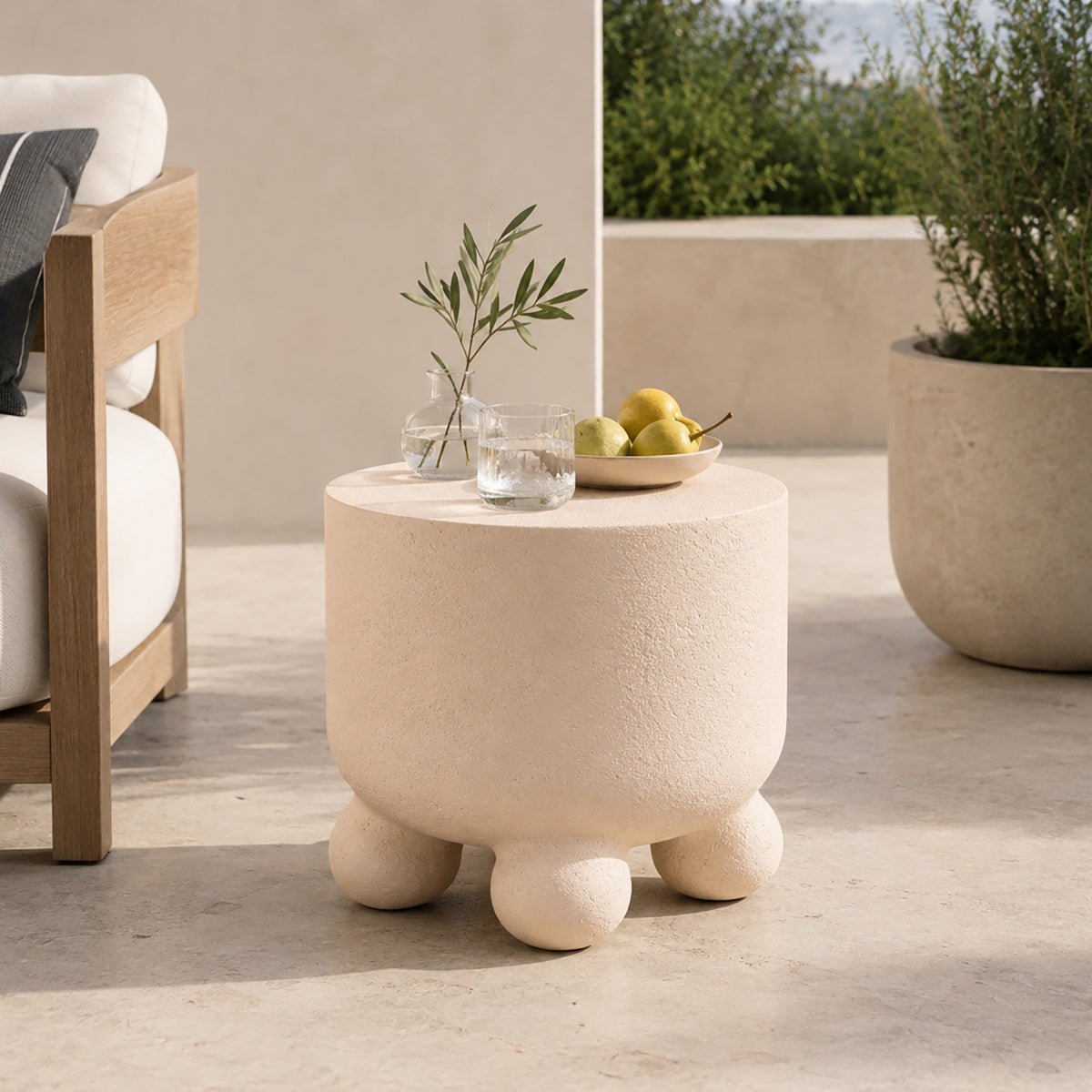 Terrafab Composite Faux Travertine Sphere-Leg Side Table / Stool (PAD-2715ST-BE) - Direct Wicker