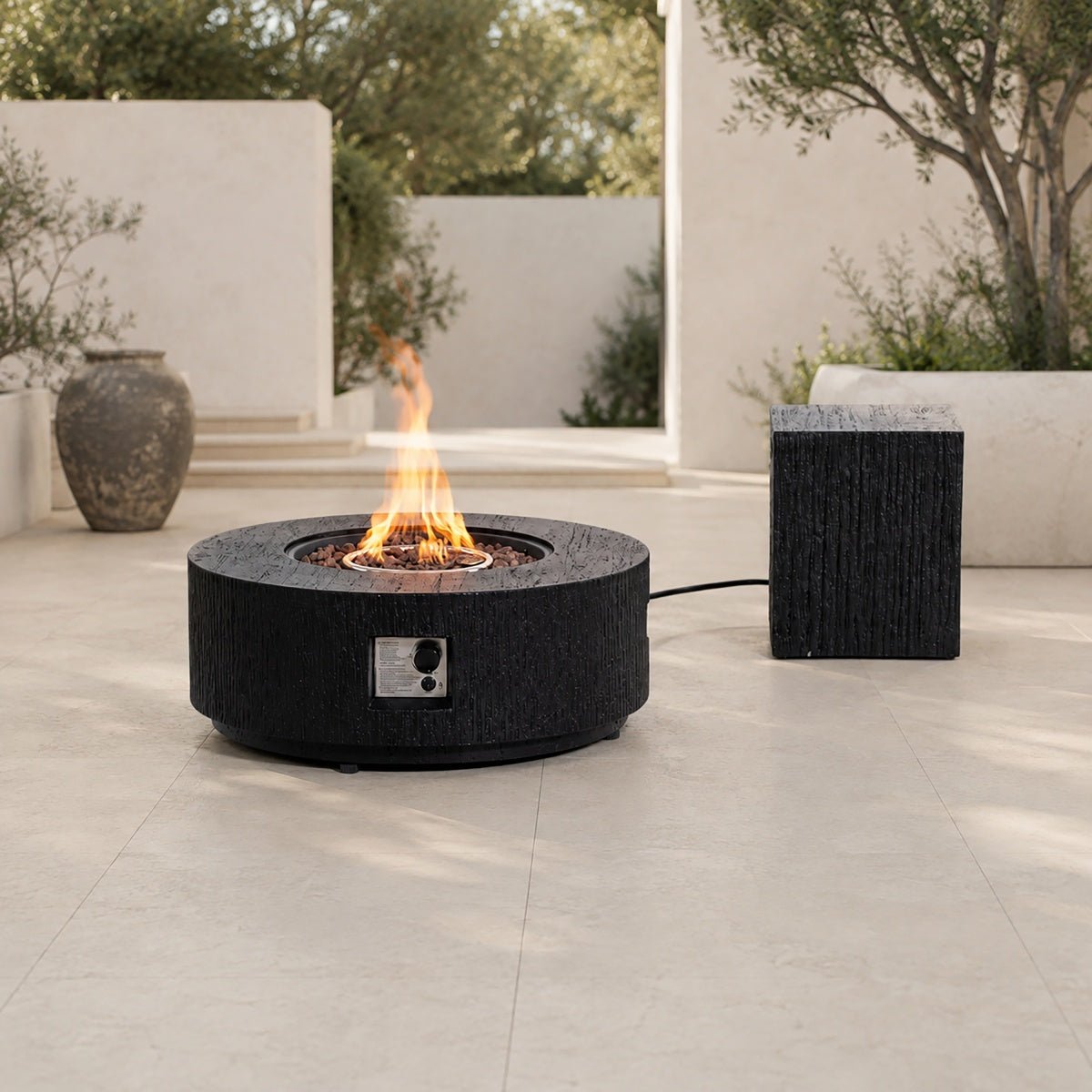 Terrafab Composite Faux Wood Round Fire Pit Coffee Table Set with Propane Tank Holder - Black (PAG-2724) - Direct Wicker