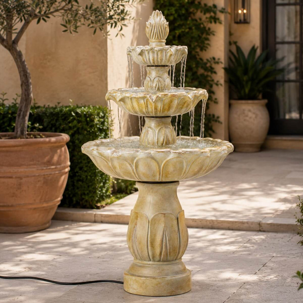 Three-Tier Resin Fiberglass Outdoor Fountain with ETL Pump, Gray-Blue Finish (GS-2638-GR-CY) - Direct Wicker