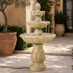 Three-Tier Resin Fiberglass Outdoor Fountain with ETL Pump, Gray-Blue Finish (GS-2638-GR-CY) - Direct Wicker
