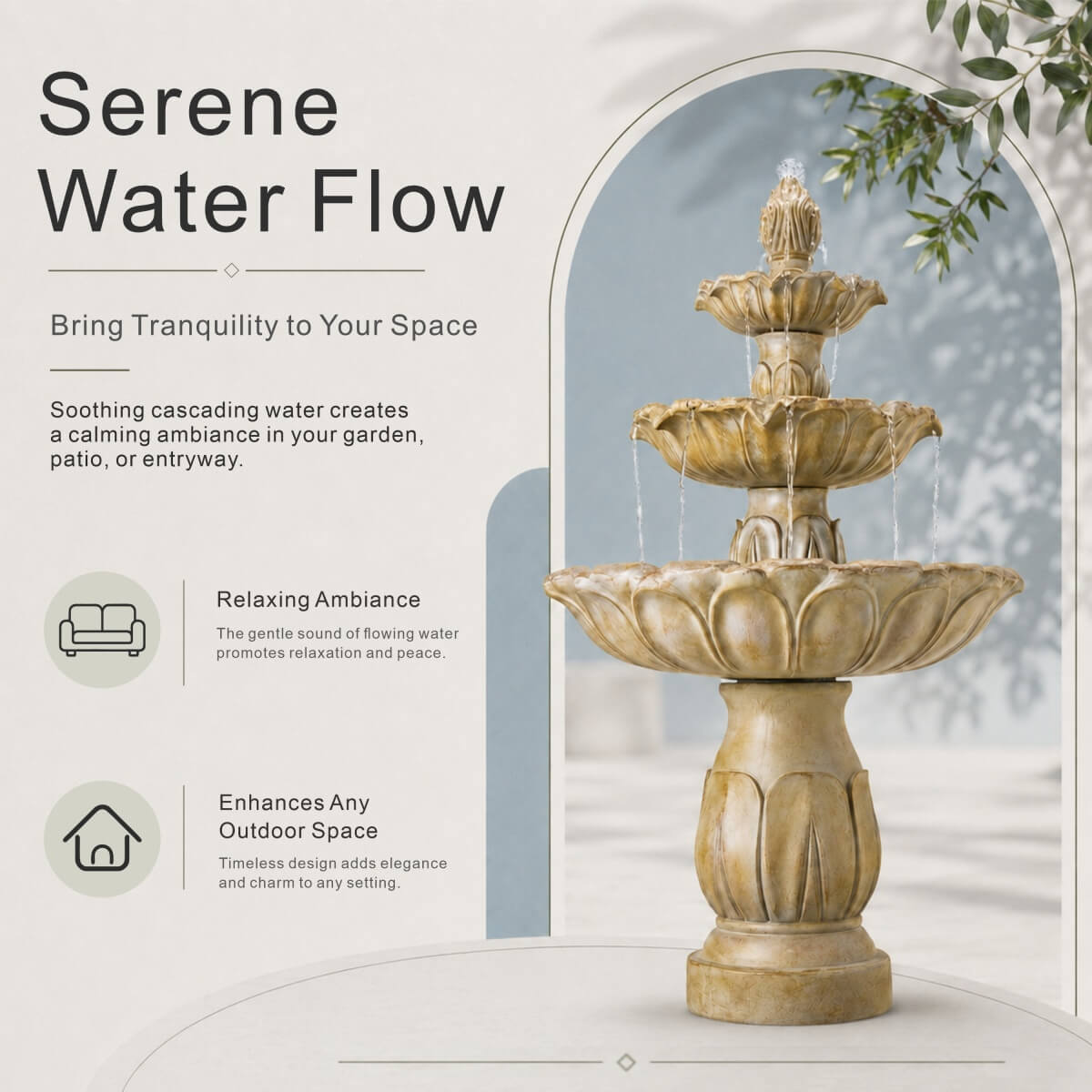 Three-Tier Resin Fiberglass Outdoor Fountain with ETL Pump, Gray-Blue Finish (GS-2638-GR-CY) - Direct Wicker