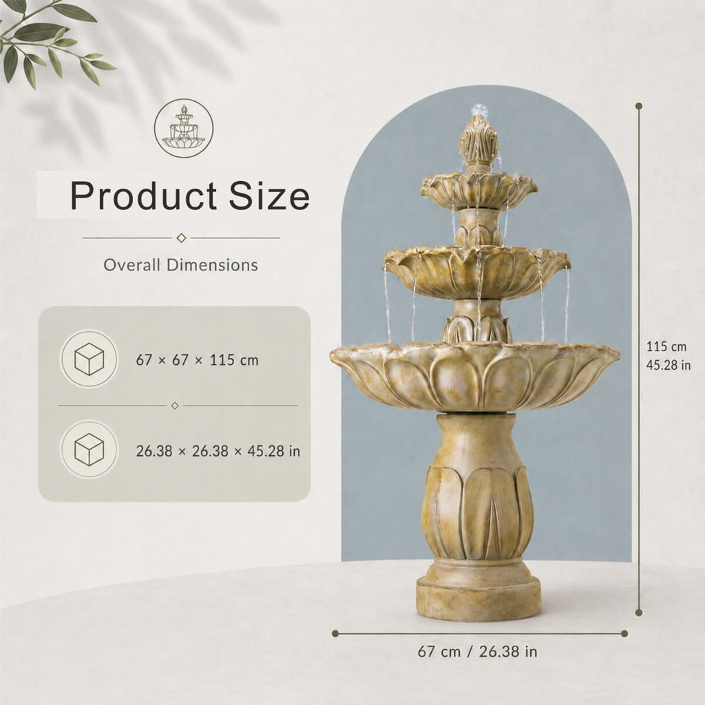Three-Tier Resin Fiberglass Outdoor Fountain with ETL Pump, Gray-Blue Finish (GS-2638-GR-CY) - Direct Wicker