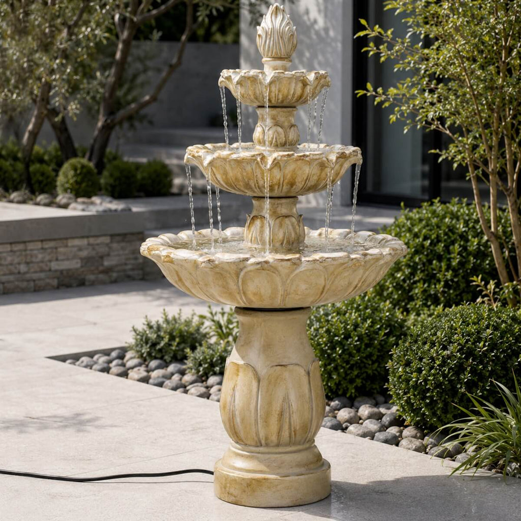 Three-Tier Resin Fiberglass Outdoor Fountain with ETL Pump, Gray-Blue Finish (GS-2638-GR-CY) - Direct Wicker
