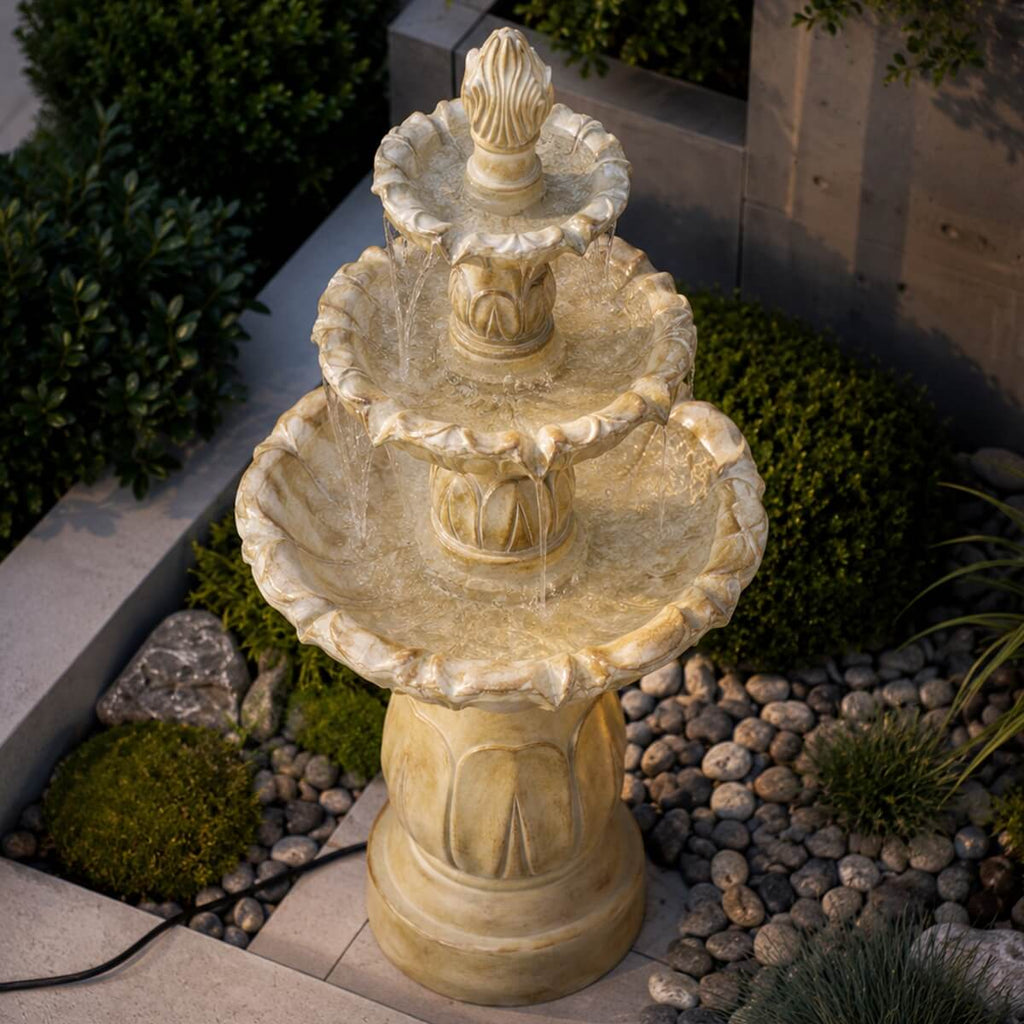 Three-Tier Resin Fiberglass Outdoor Fountain with ETL Pump, Gray-Blue Finish (GS-2638-GR-CY) - Direct Wicker