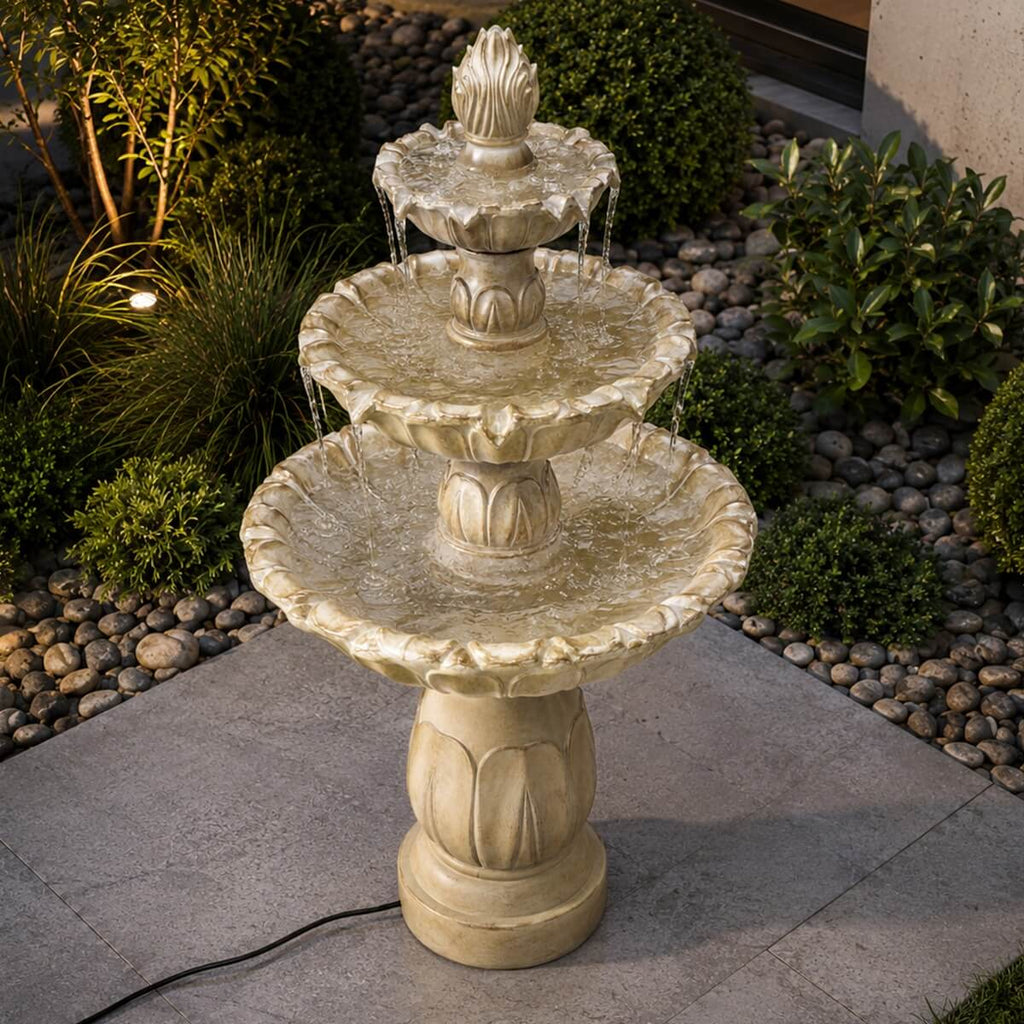 Three-Tier Resin Fiberglass Outdoor Fountain with ETL Pump, Gray-Blue Finish (GS-2638-GR-CY) - Direct Wicker