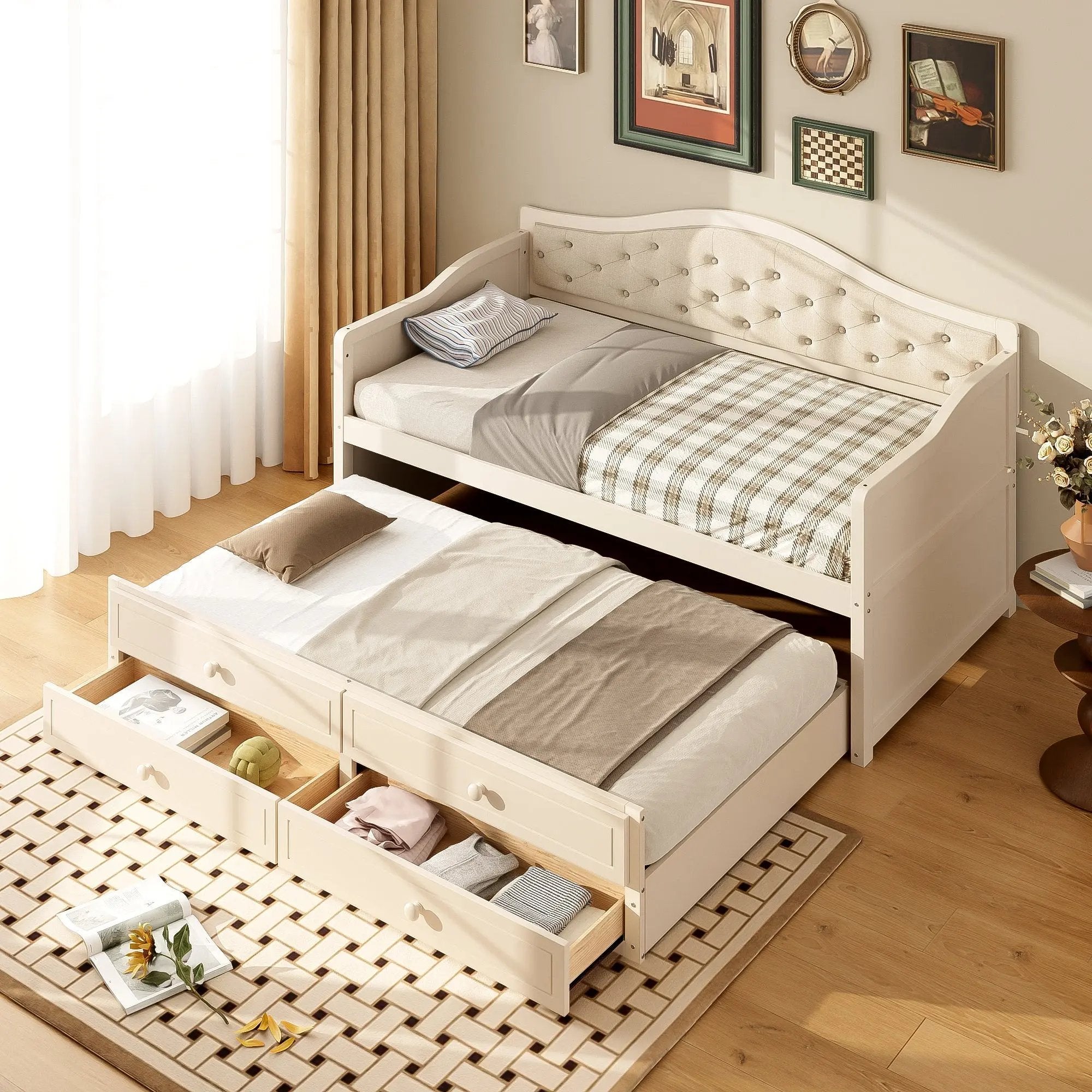 Twin Daybed with Trundle, Twin Size Beige Daybed with 2 Storage Drawers - Direct Wicker
