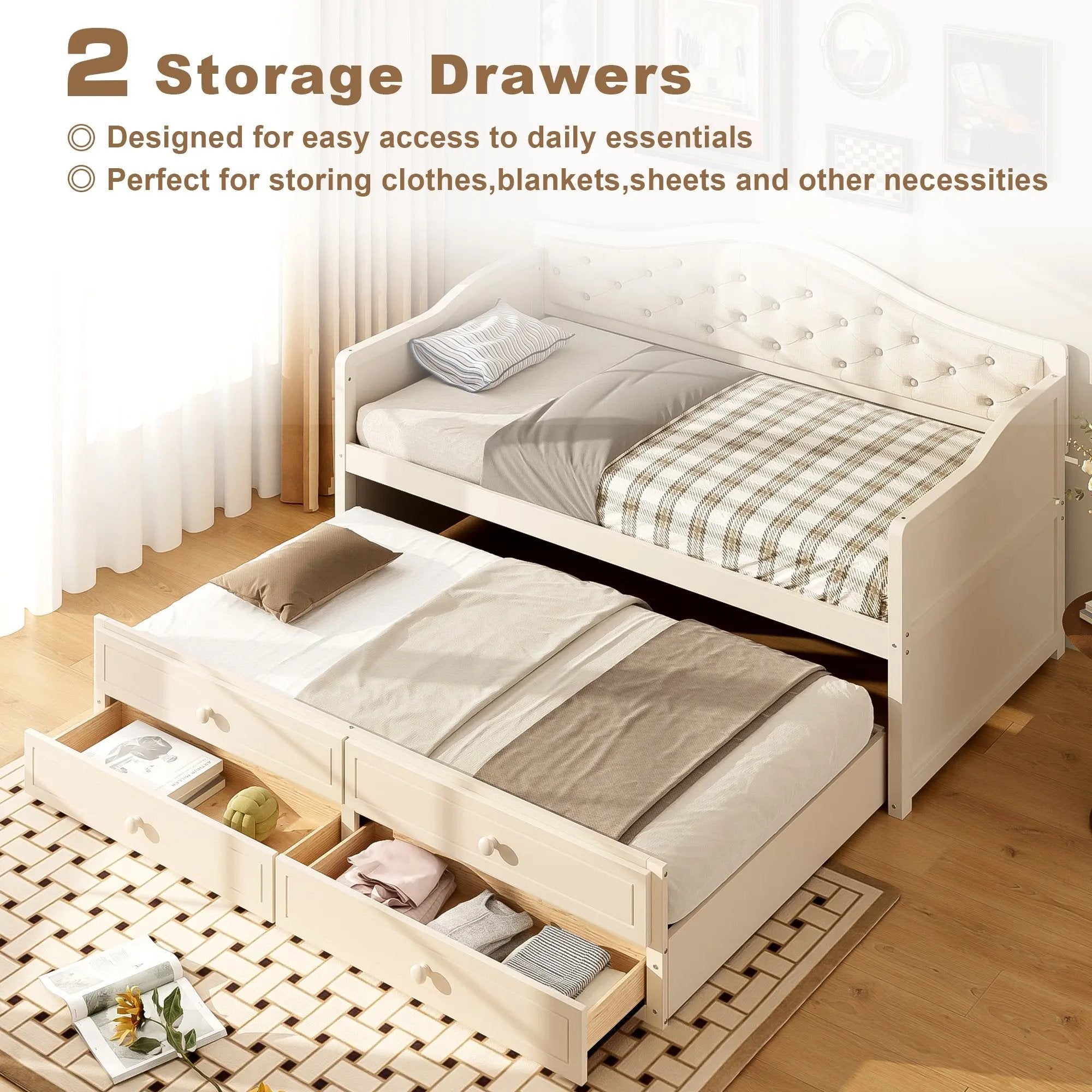 Twin Daybed with Trundle, Twin Size Beige Daybed with 2 Storage Drawers - Direct Wicker