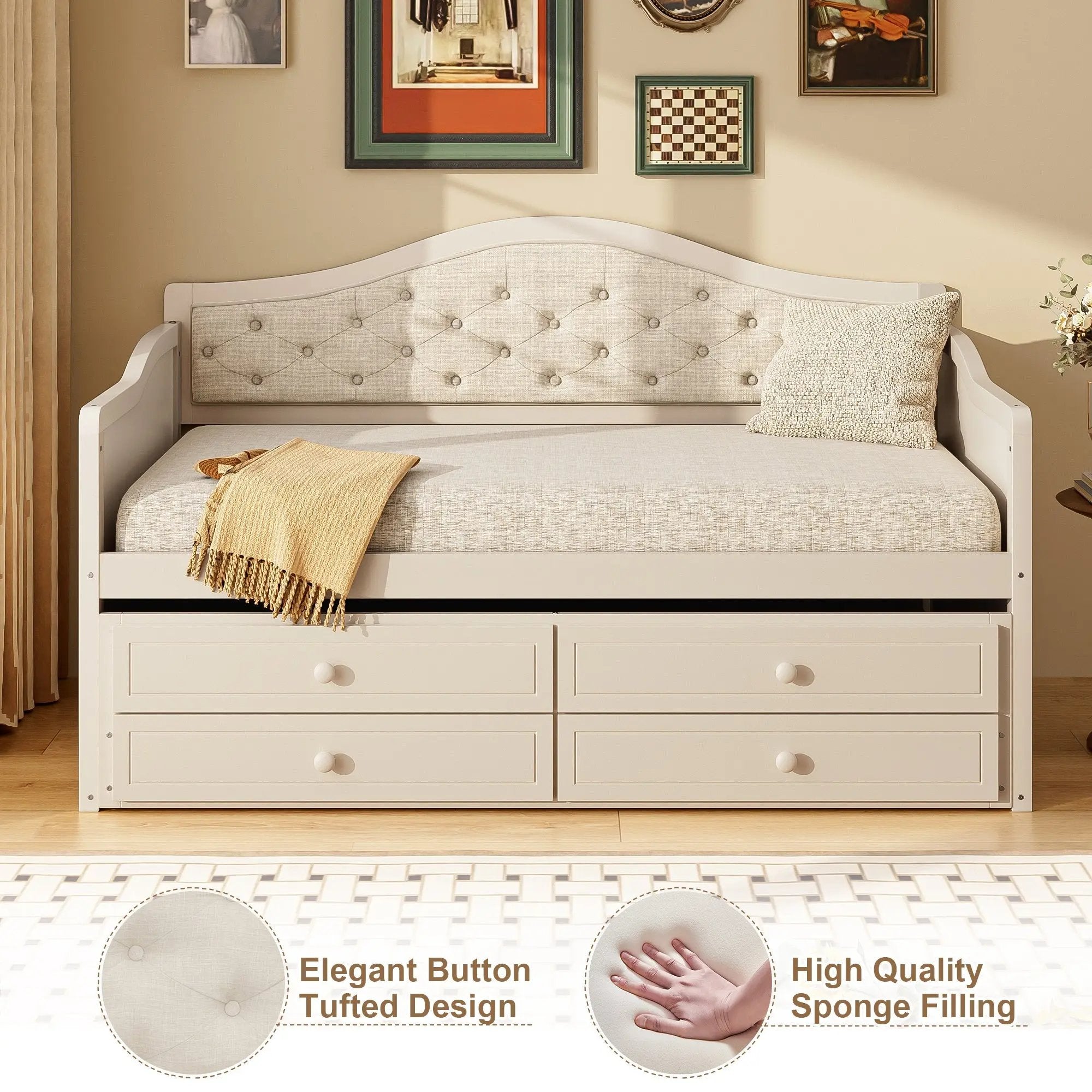 Twin Daybed with Trundle, Twin Size Beige Daybed with 2 Storage Drawers - Direct Wicker