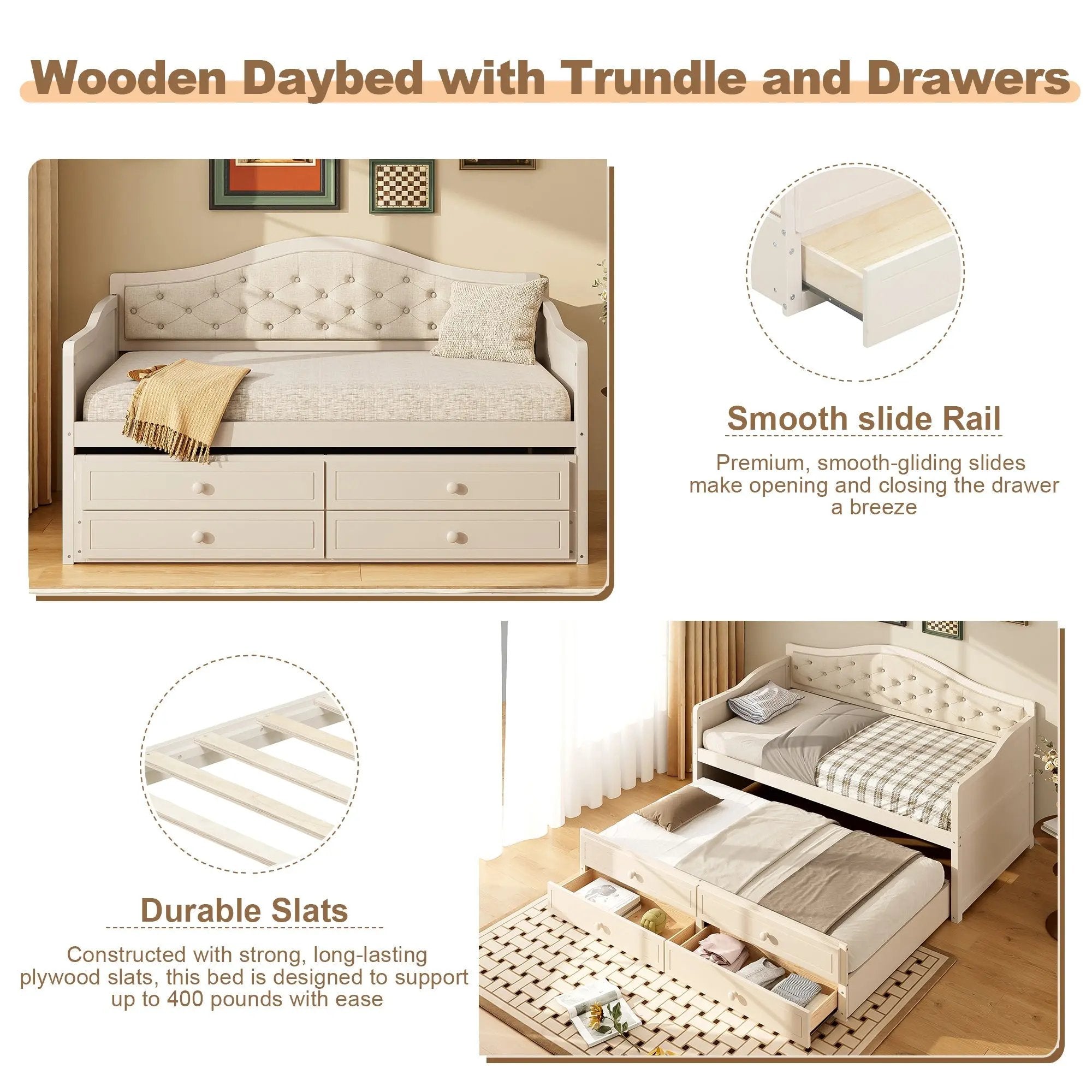 Twin Daybed with Trundle, Twin Size Beige Daybed with 2 Storage Drawers - Direct Wicker