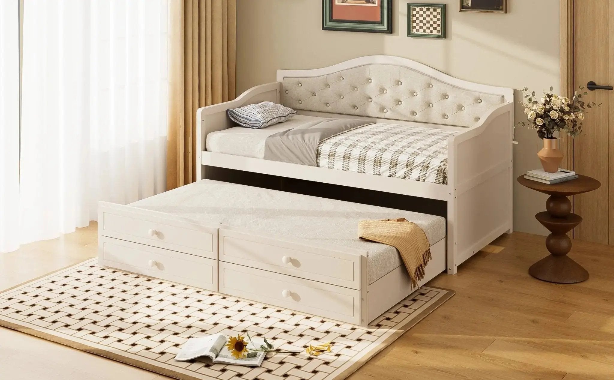 Twin Daybed with Trundle, Twin Size Beige Daybed with 2 Storage Drawers - Direct Wicker