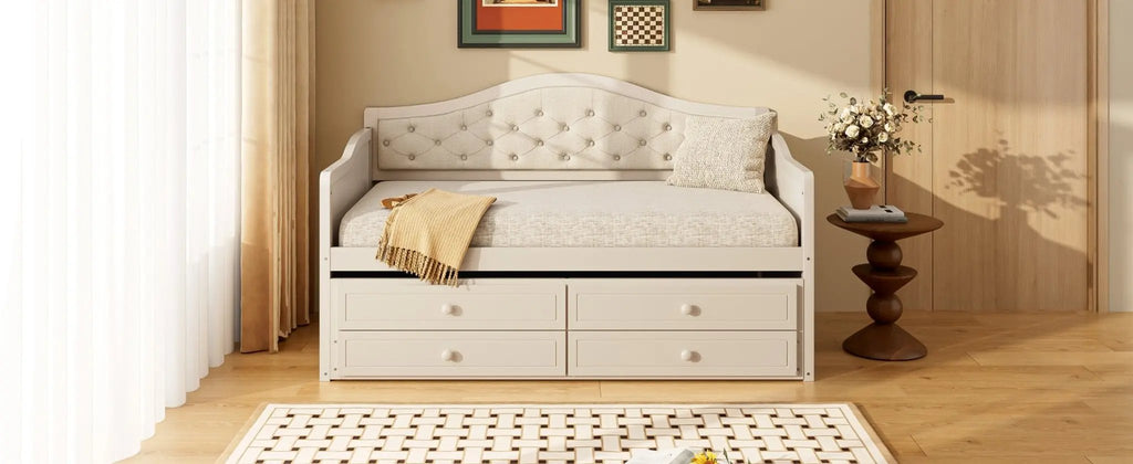 Twin Daybed with Trundle, Twin Size Beige Daybed with 2 Storage Drawers - Direct Wicker