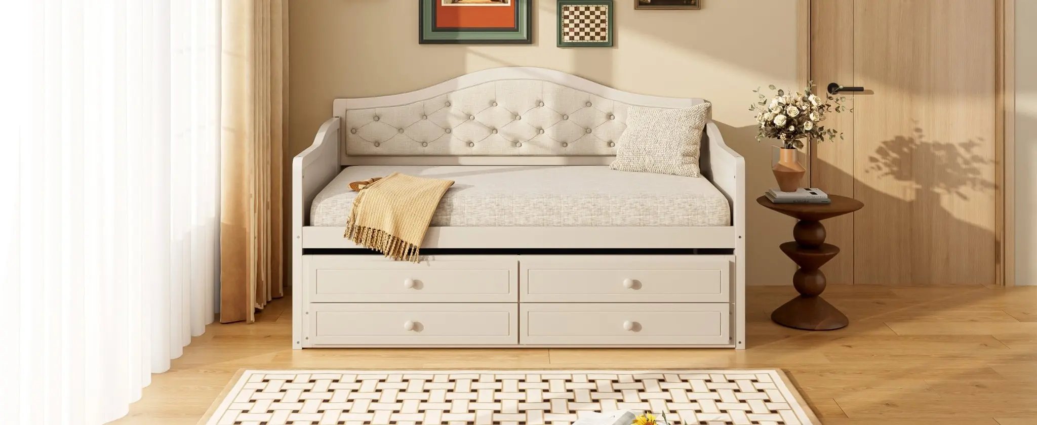 Twin Daybed with Trundle, Twin Size Beige Daybed with 2 Storage Drawers - Direct Wicker