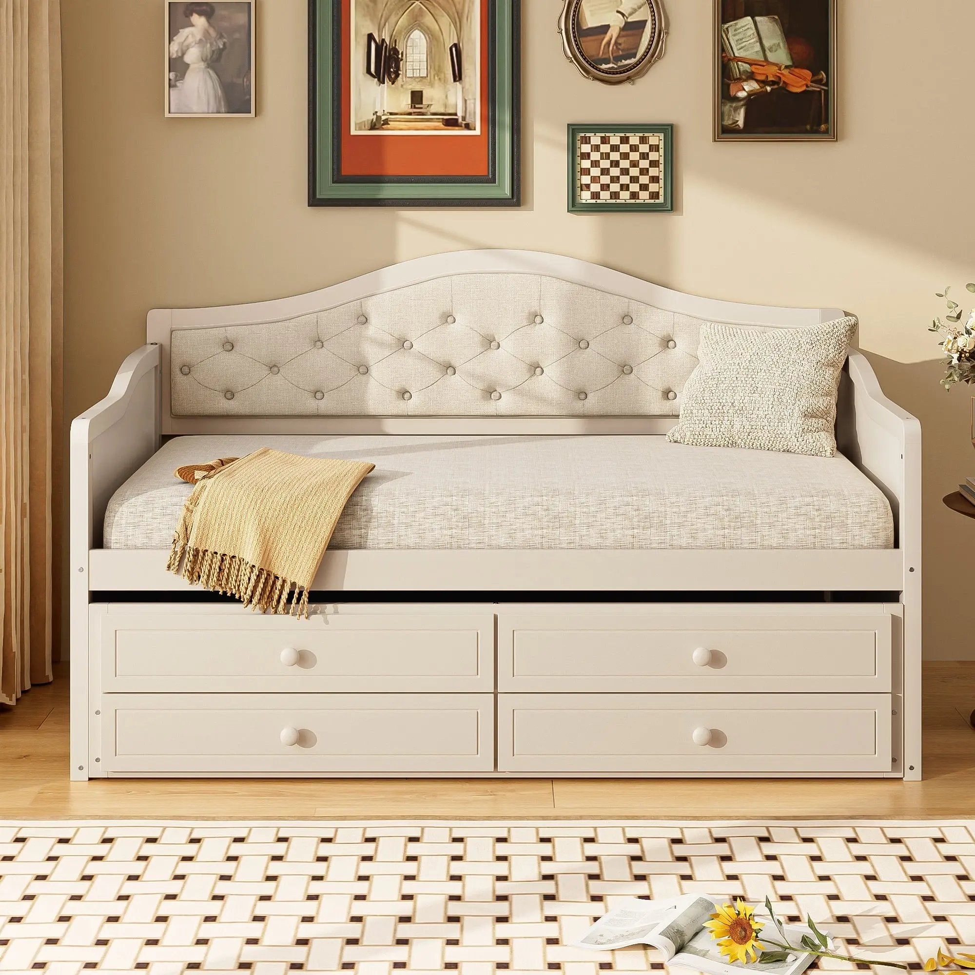 Twin Daybed with Trundle, Twin Size Beige Daybed with 2 Storage Drawers - Direct Wicker