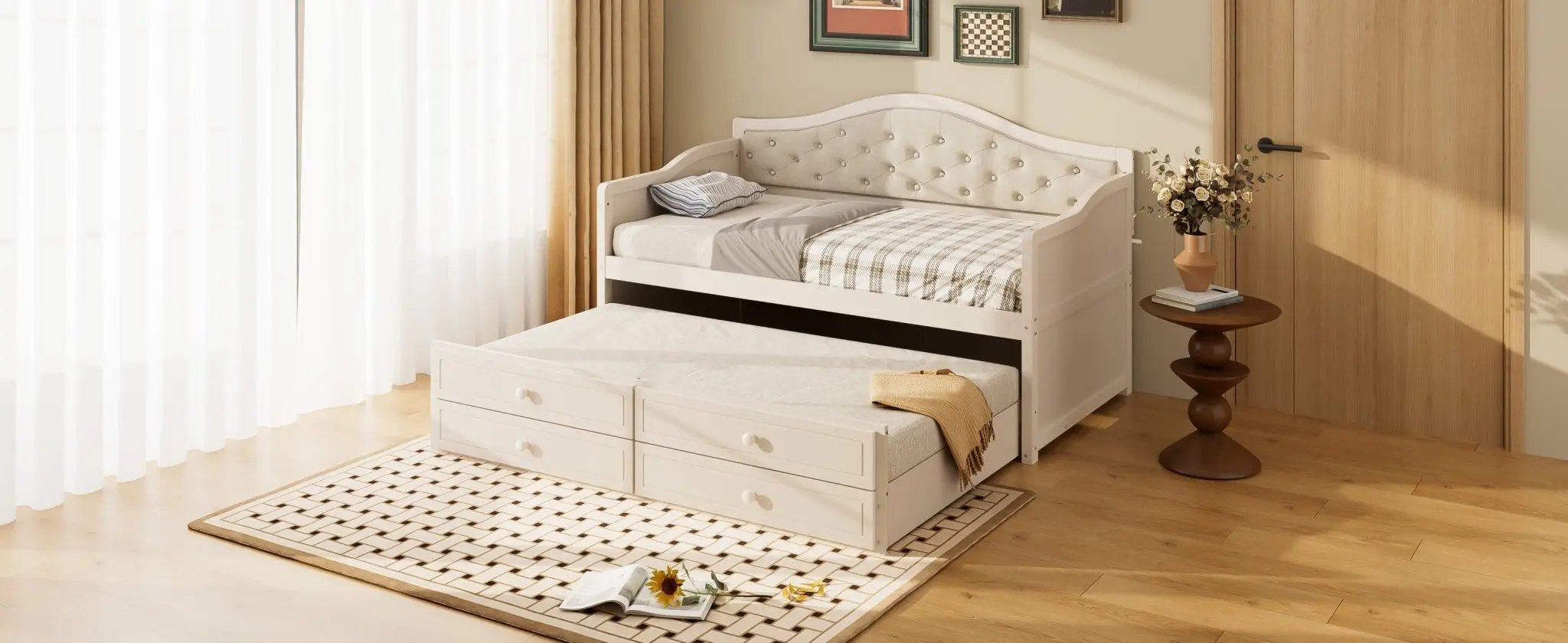 Twin Daybed with Trundle, Twin Size Beige Daybed with 2 Storage Drawers - Direct Wicker