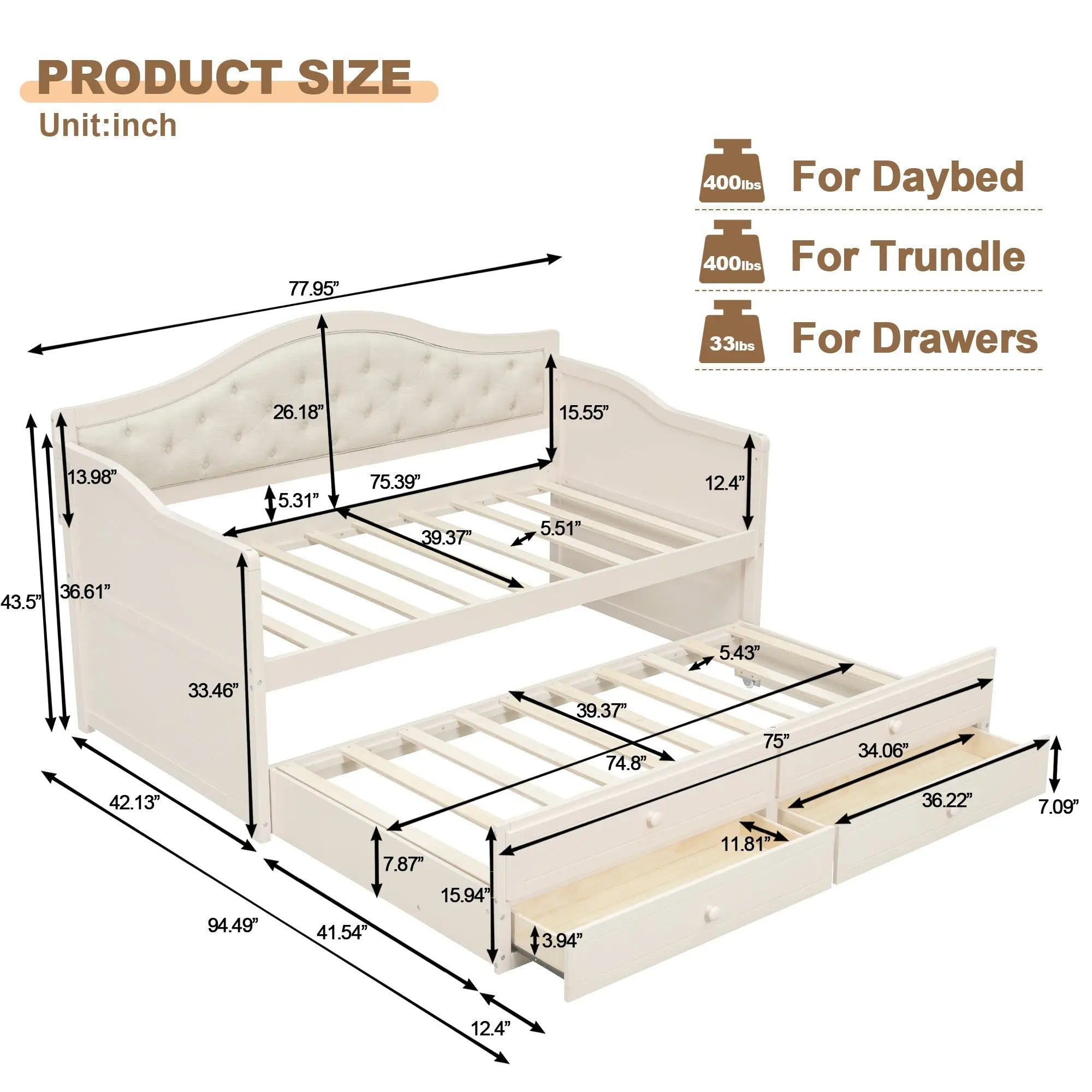 Twin Daybed with Trundle, Twin Size Beige Daybed with 2 Storage Drawers - Direct Wicker