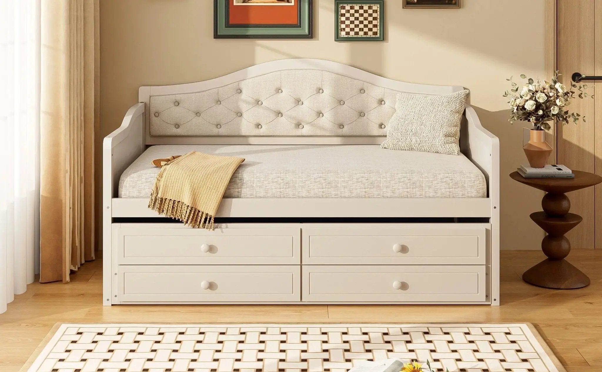 Twin Daybed with Trundle, Twin Size Beige Daybed with 2 Storage Drawers - Direct Wicker