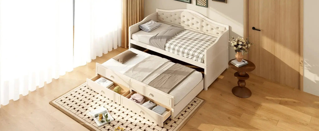 Twin Daybed with Trundle, Twin Size Beige Daybed with 2 Storage Drawers - Direct Wicker