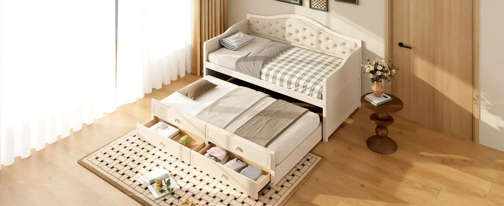 Twin Daybed with Trundle, Twin Size Beige Daybed with 2 Storage Drawers - Direct Wicker