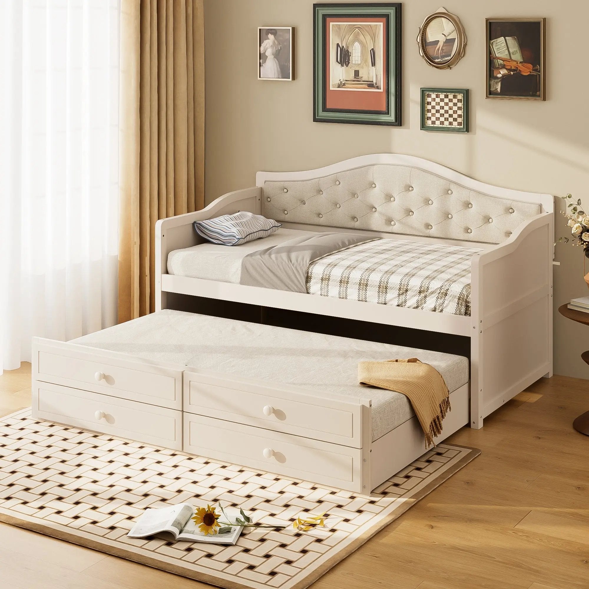 Twin Daybed with Trundle, Twin Size Beige Daybed with 2 Storage Drawers - Direct Wicker