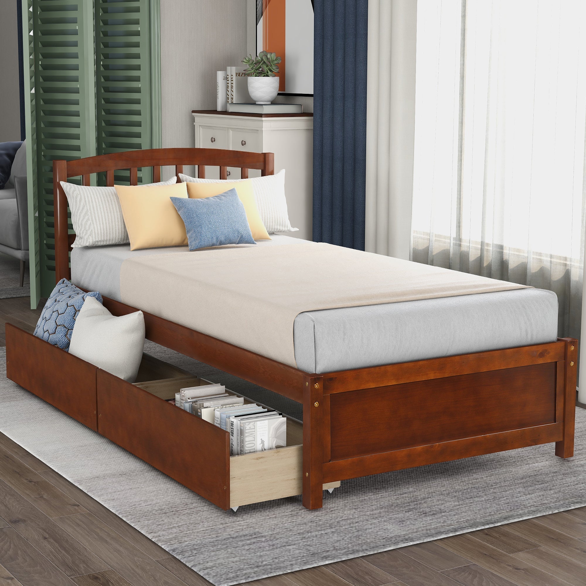 Twin Platform Storage Bed Frame with Two Drawers and Headboard (WF194279AAD) - Direct Wicker