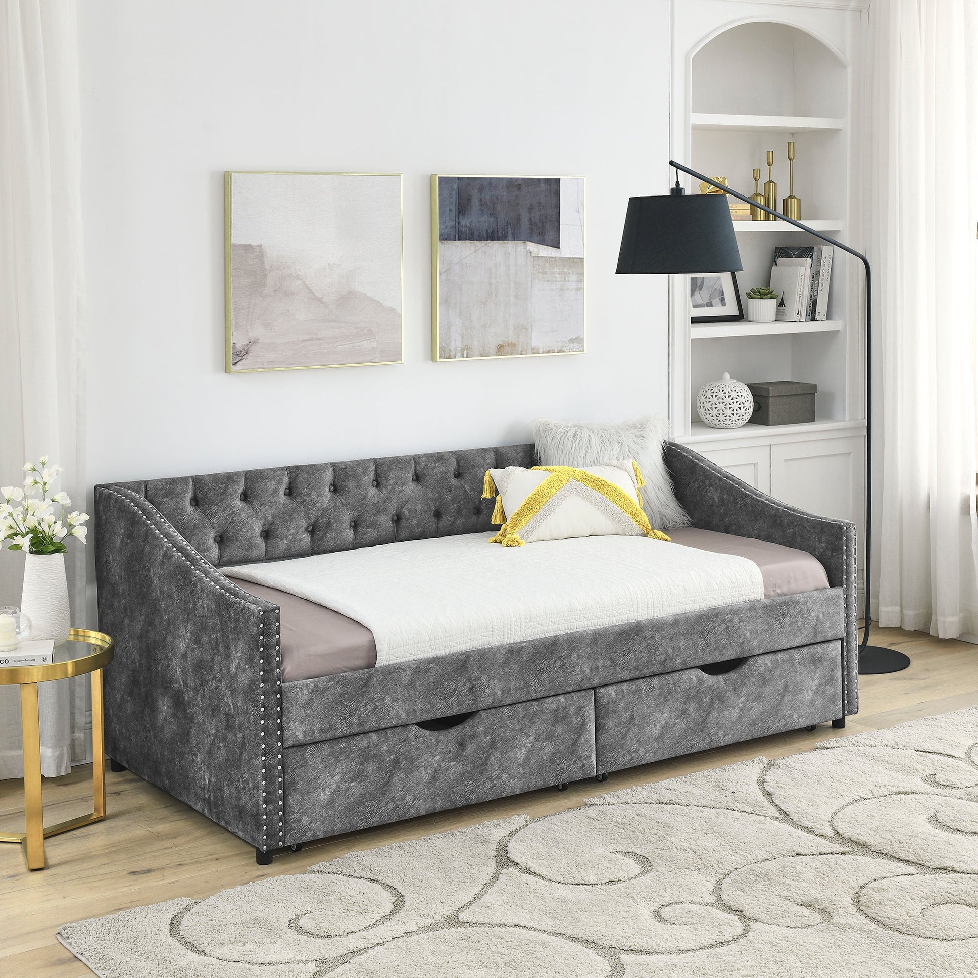 Twin Size Daybed with Drawers Upholstered Tufted Sofa Bed (W1413S00001) - Direct Wicker