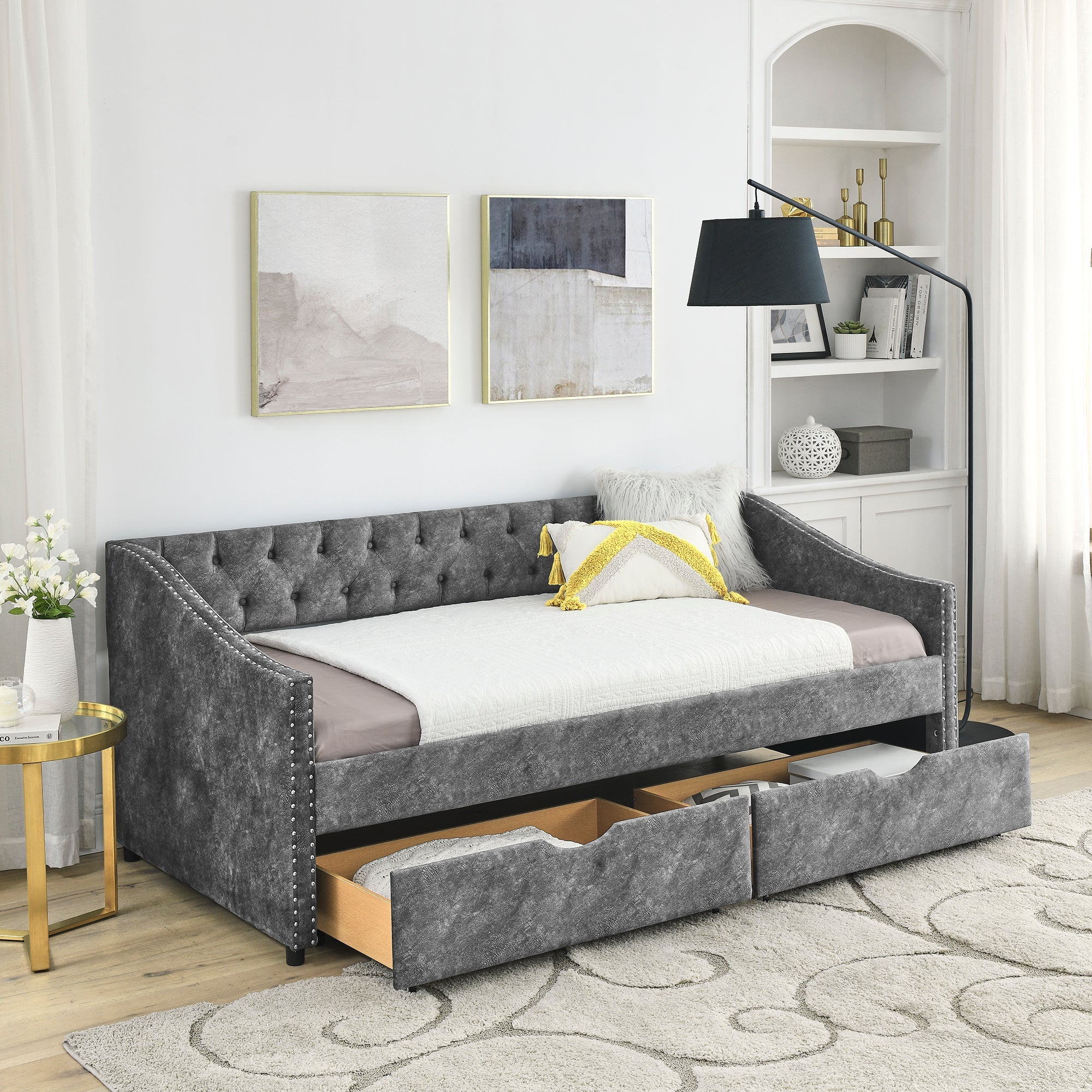 Twin Size Daybed with Drawers Upholstered Tufted Sofa Bed (W1413S00001) - Direct Wicker