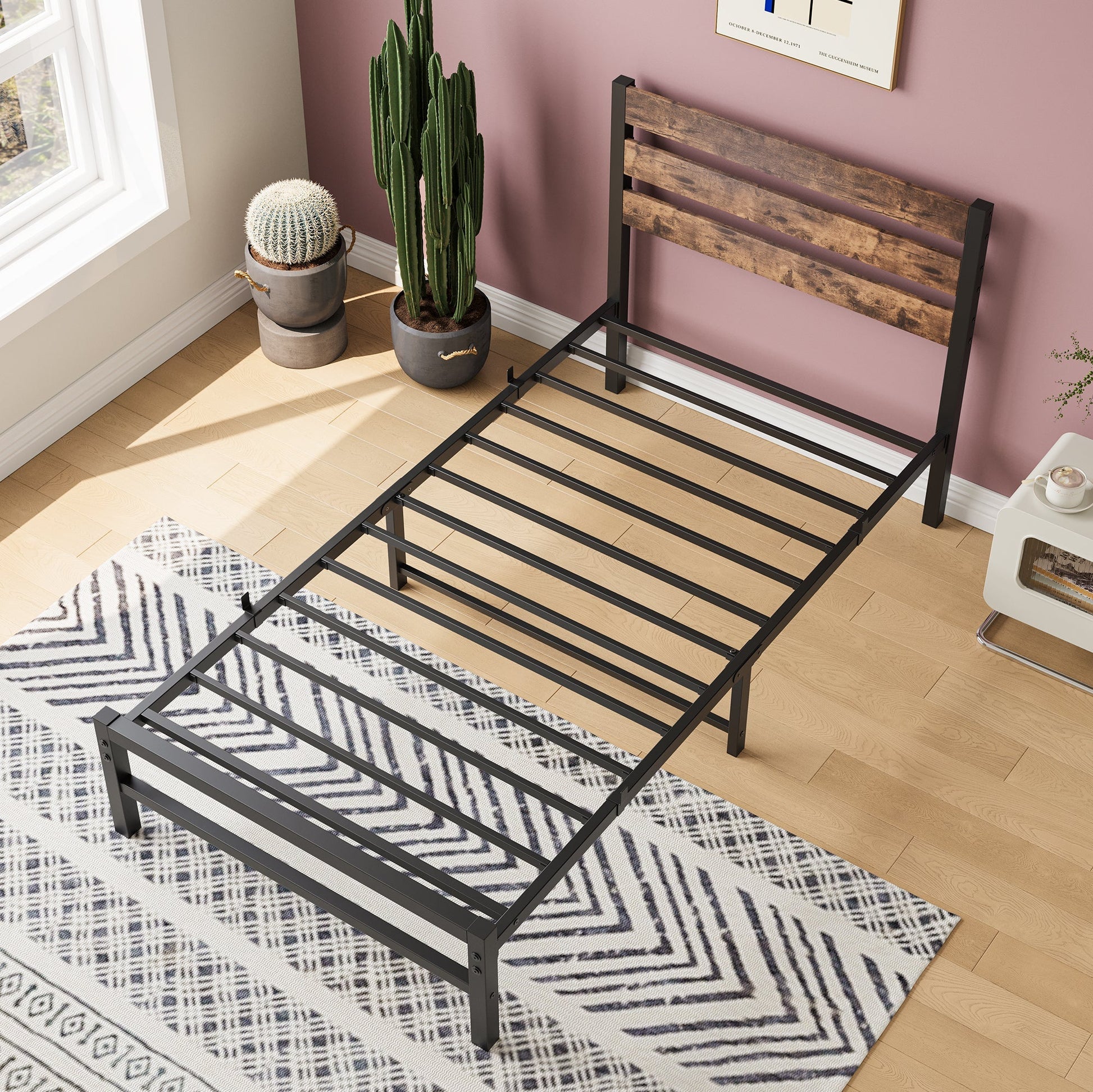 Twin Size Platform Bed Frame with Rustic Vintage Wood Headboard (W84084261) - Direct Wicker