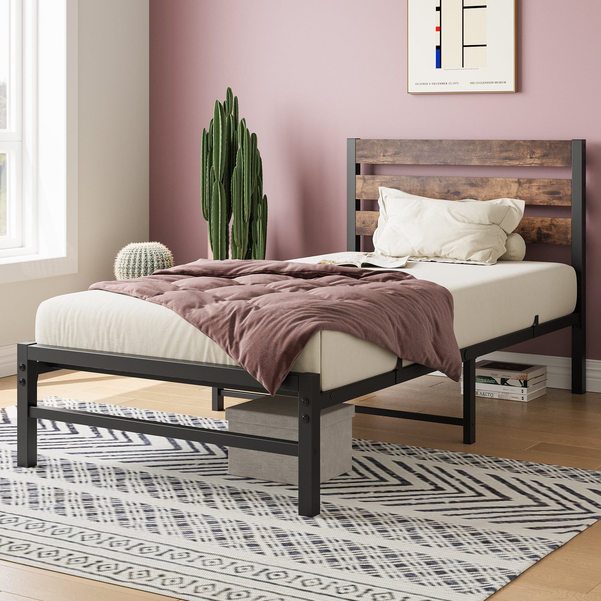 Twin Size Platform Bed Frame with Rustic Vintage Wood Headboard (W84084261) - Direct Wicker